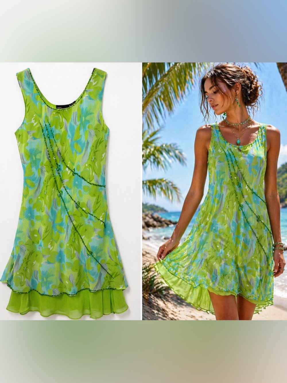 Vintage Tropical Lime Beaded Silk Sheer Mini Dress XL Y2K Fairy Mermaid Resort